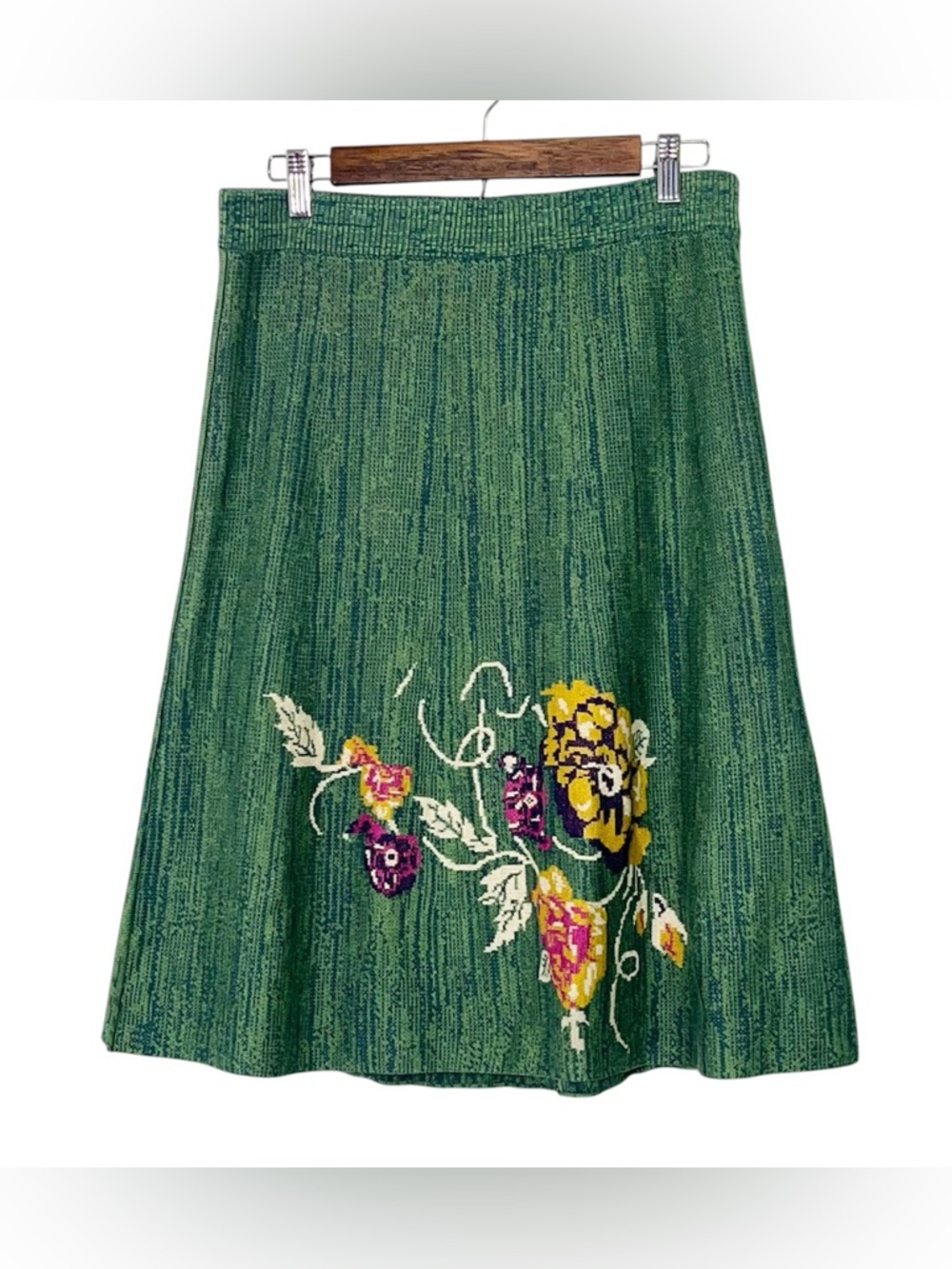 Nick & Mo Green Embroidered Floral Knit Skirt Fairycore Cottage Boho Y2K Size L